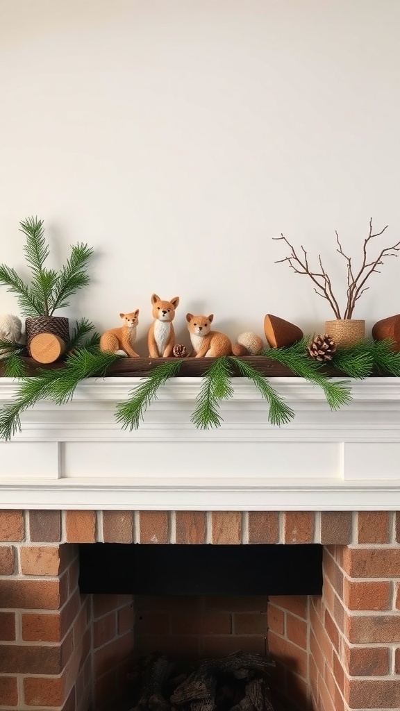 A decorated fireplace mantel with pine branches, fox figurines, and natural elements.