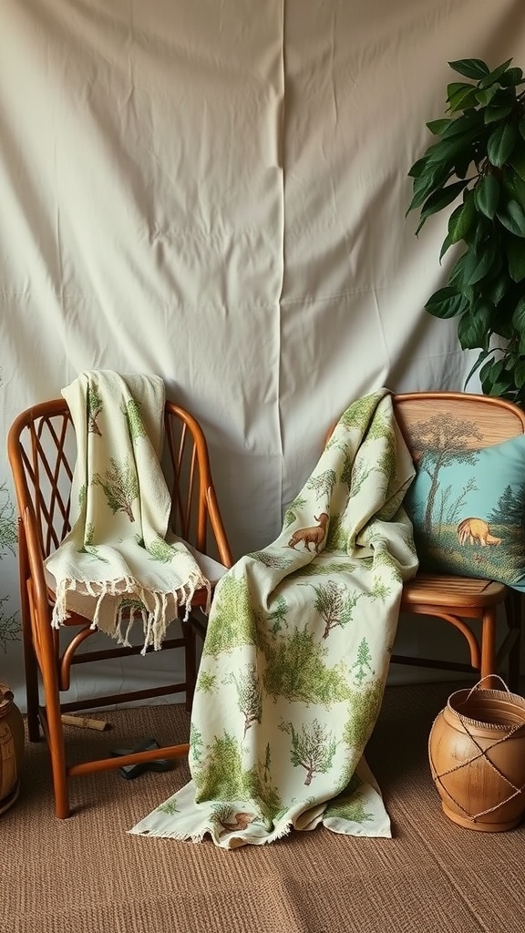 Cozy nature-themed textiles in a vintage camp style setting.