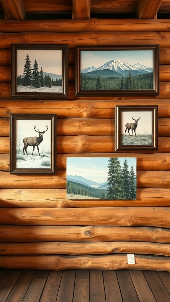Nature-themed wall art in a log cabin setting featuring landscapes and wildlife.