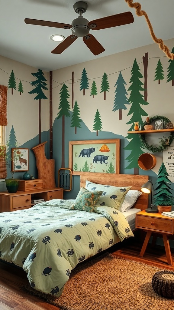 A cozy kids bedroom featuring forest-themed decor with trees, wildlife, and natural textures.