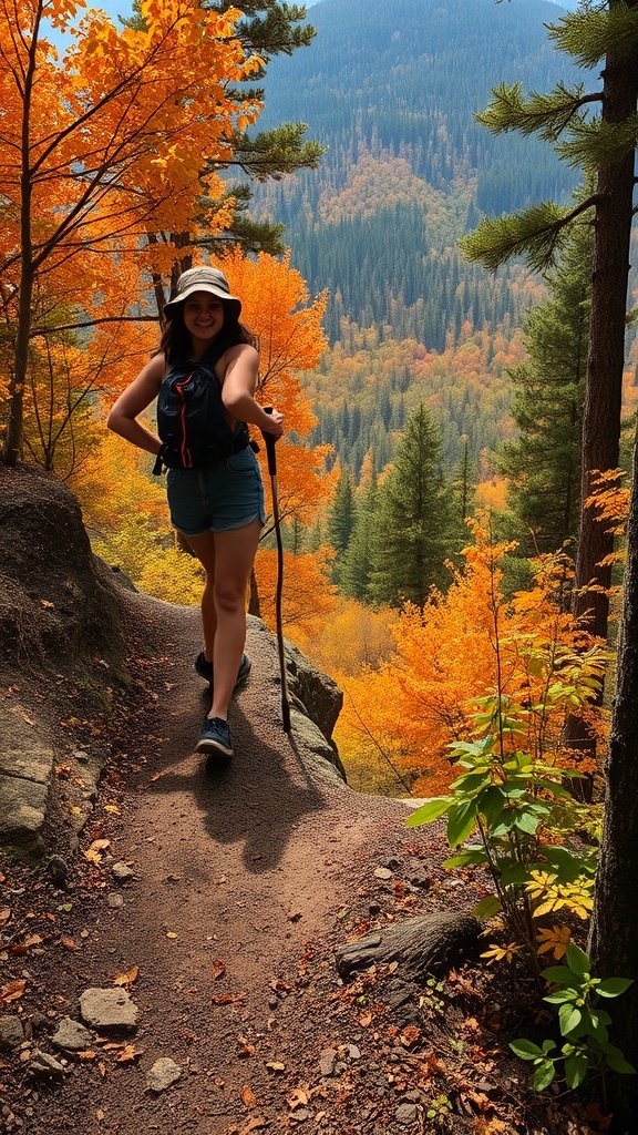 A hiker on a trail surrounded by vibrant fall foliage