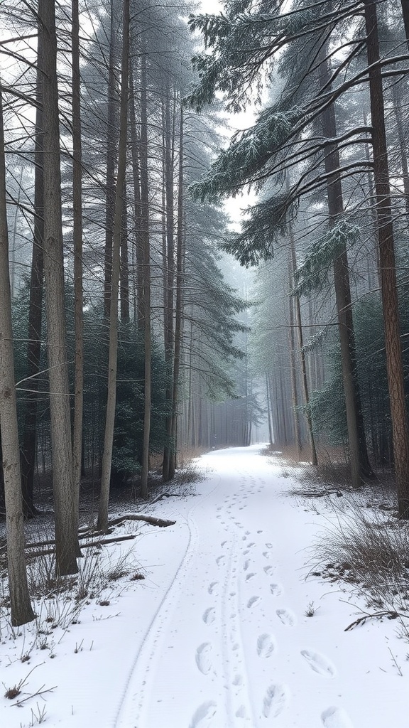 A serene winter forest path lined with tall trees and a light dusting of snow.