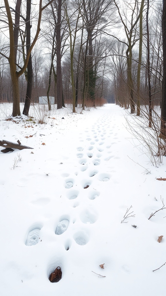 A snowy path through a forest with footprints in the snow.