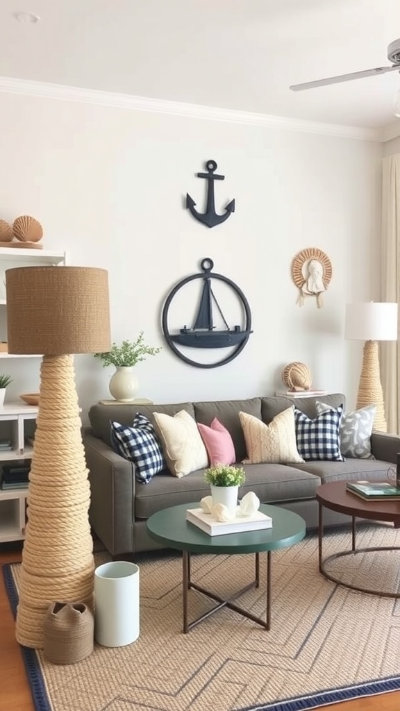 A cozy coastal farmhouse living room with nautical-inspired accessories, including anchor wall art and rope lamps.