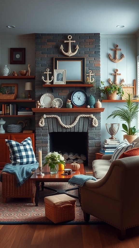 Coastal living room with nautical decor, featuring anchors, ropes, and blue accents.