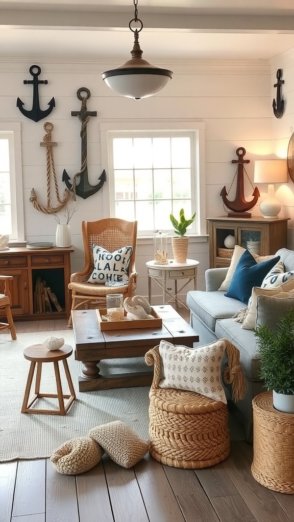 Coastal farmhouse living room with nautical decor, featuring anchors, woven baskets, and soft blue accents.
