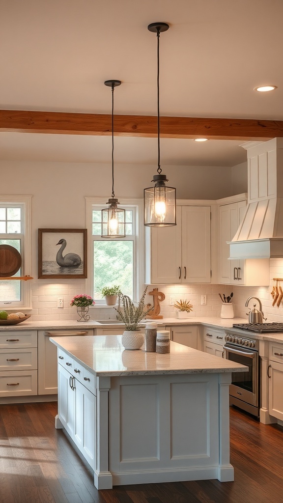 Coastal farmhouse kitchen with nautical-inspired lighting fixtures.