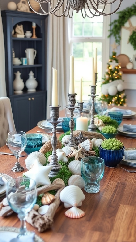 A nautical-themed Christmas table setting with blue napkins, seashells, and candles.