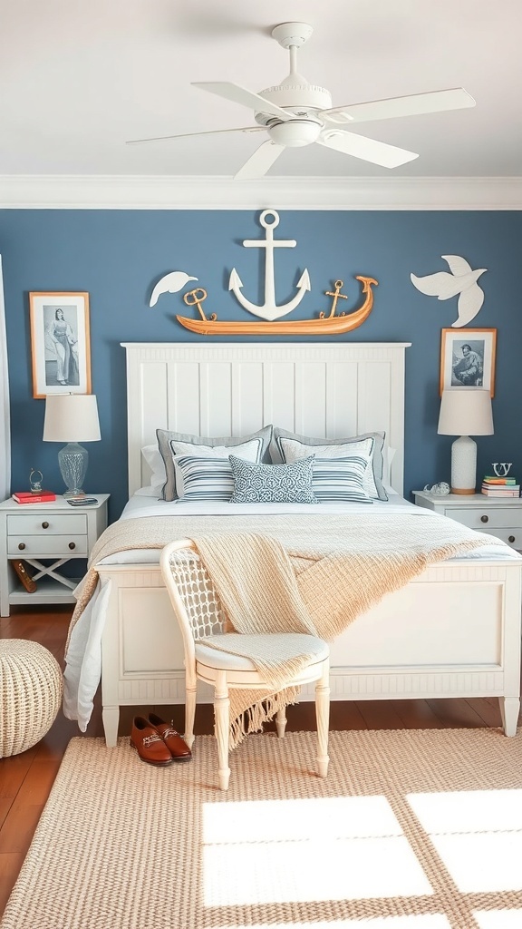 A coastal bedroom featuring blue walls, white furniture, and nautical decor.