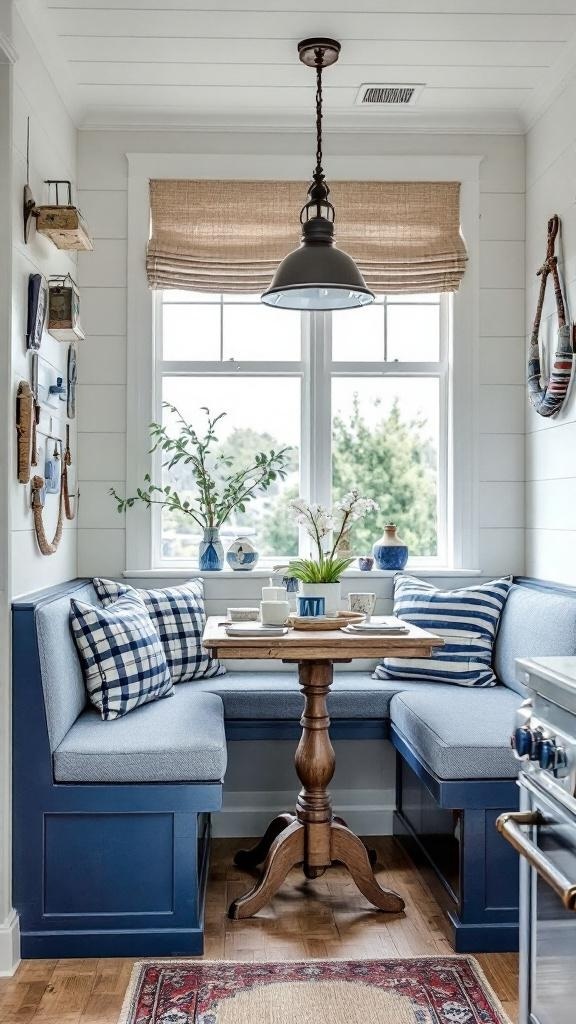 A cozy kitchen nook with blue cabinetry, striped cushions, and a round wooden table, decorated with nautical-themed elements.