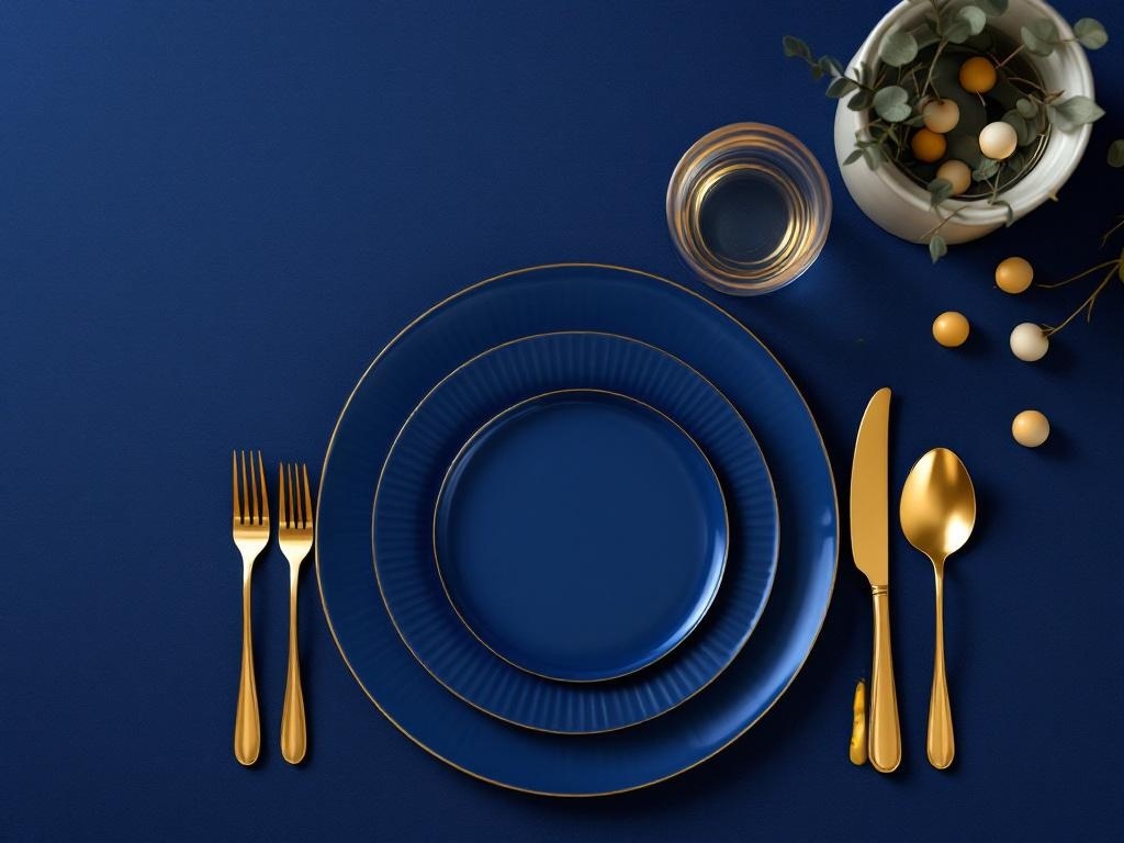 Navy and gold table setting with plates, cutlery, and a decorative vase