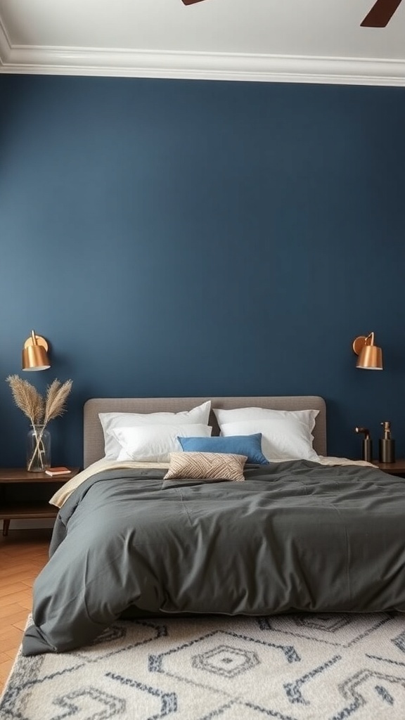A bedroom featuring navy blue walls and copper highlights, with a cozy bed and decorative elements.