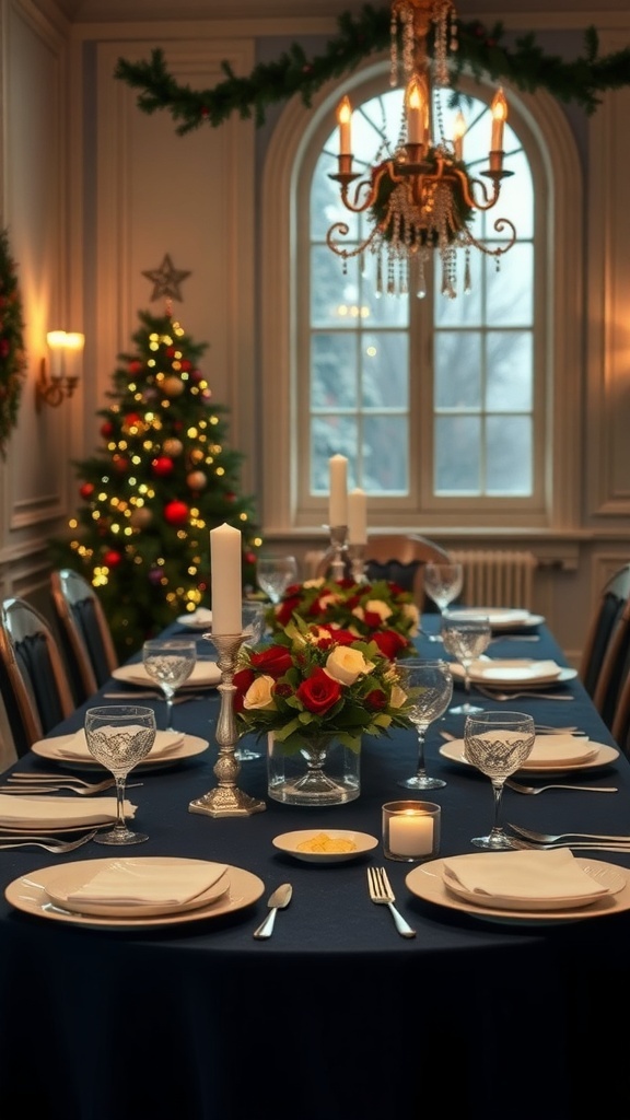 Elegant navy blue table setting for holiday dinner with candles and floral centerpiece.