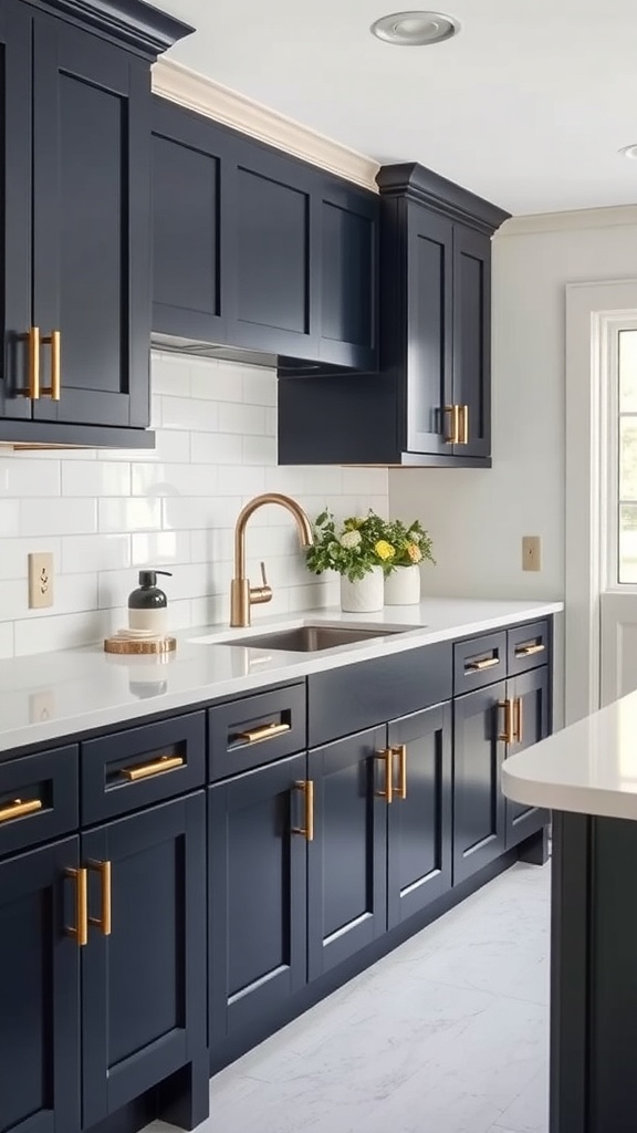 A modern kitchen featuring navy cabinets with gold hardware and a white backsplash.