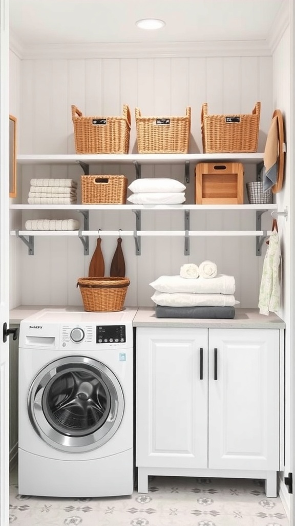 A neat laundry room with a washing machine, shelves, and organized baskets.