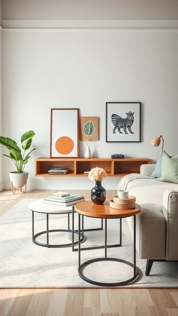 A cozy living area with nesting tables, a plant, and artwork on the wall.