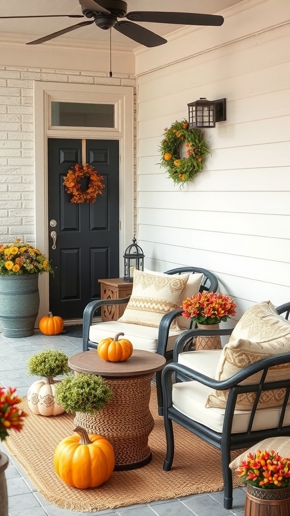 A cozy neutral-themed outdoor space featuring a black door, comfortable seating, pumpkins, and fall decor.