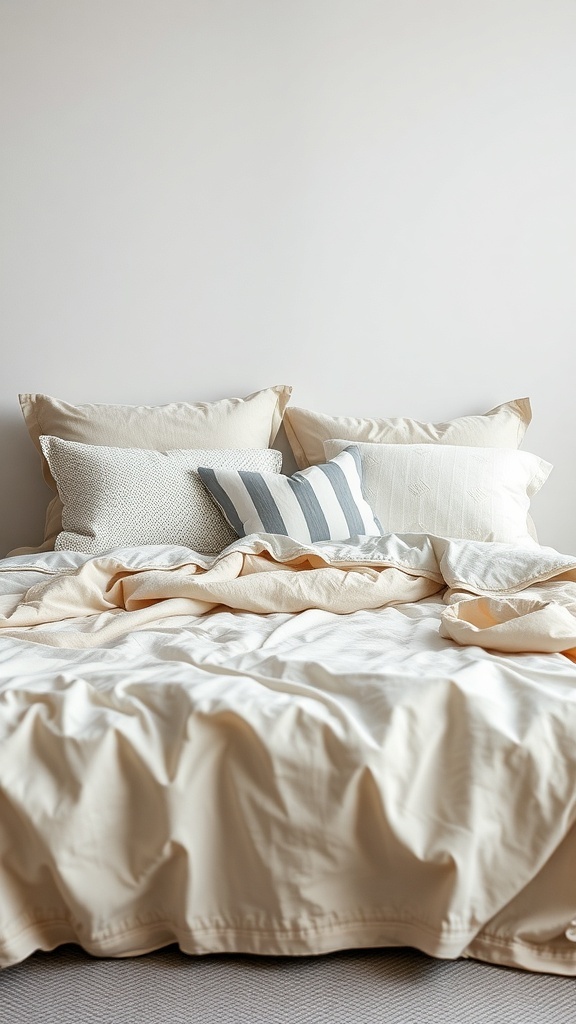 A neutral bedding setup with beige and white pillows on a rumpled bed.
