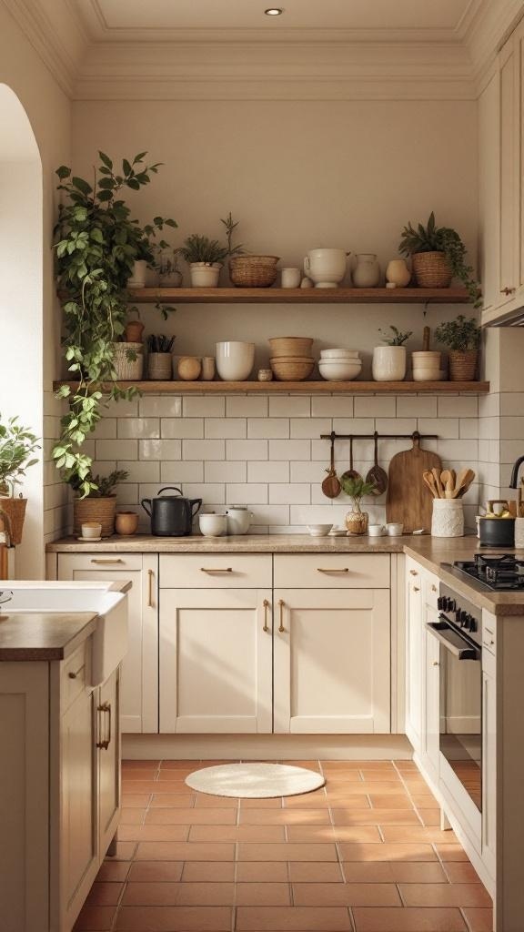 A cozy kitchen featuring neutral beige cabinets and terracotta floor tiles, with wooden shelves displaying plants and kitchenware.