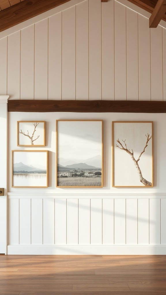 A wall featuring neutral color palette art in a modern farmhouse setting.