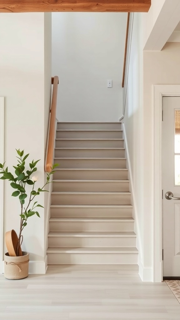 Modern farmhouse staircase with neutral color palette and wooden accents.