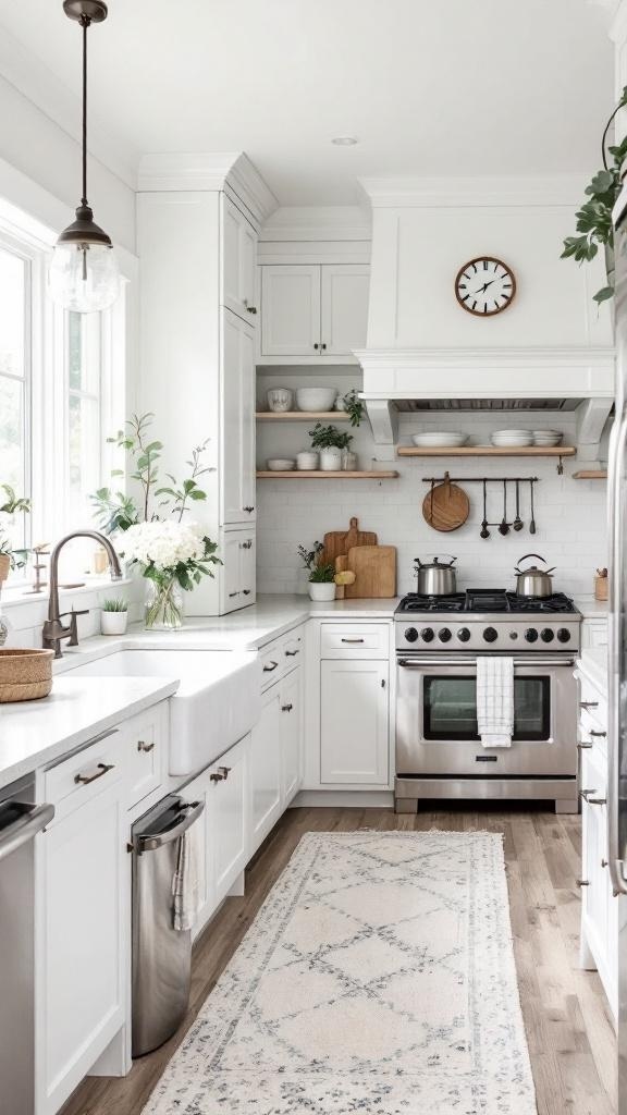 A bright farmhouse kitchen with white cabinets, wooden shelves, and a neutral color palette.