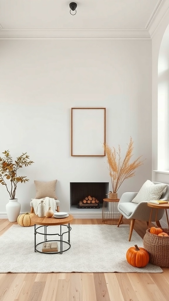 A cozy room with a neutral color palette featuring pumpkins, a fireplace, and soft furnishings.