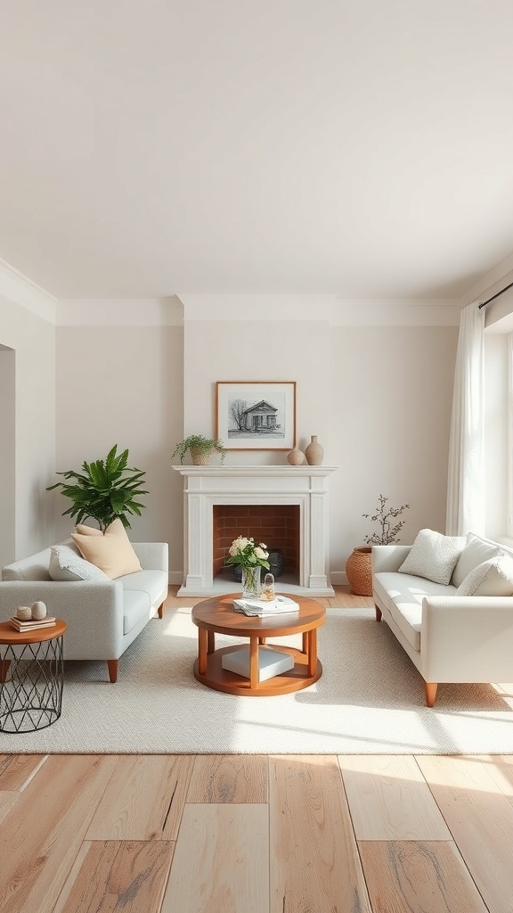A cozy farmhouse living room with neutral colors, featuring light sofas, a wooden coffee table, and a fireplace.