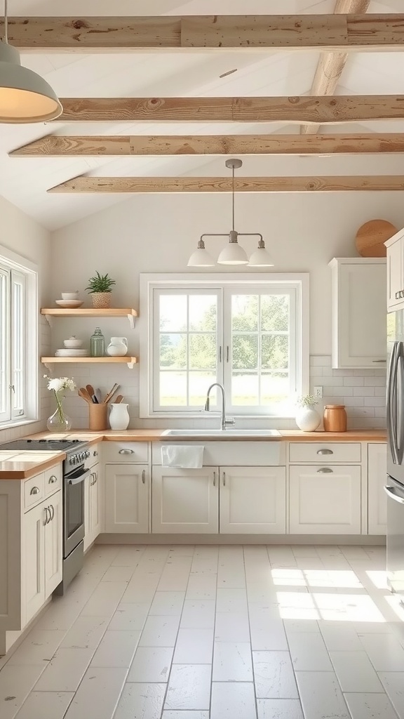 A bright farmhouse kitchen featuring a neutral color palette with white cabinets and wooden accents.