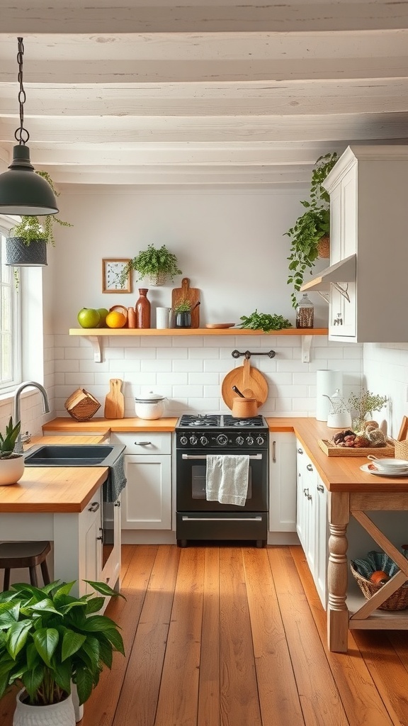 A bright farmhouse style kitchen featuring neutral colors and wooden accents.