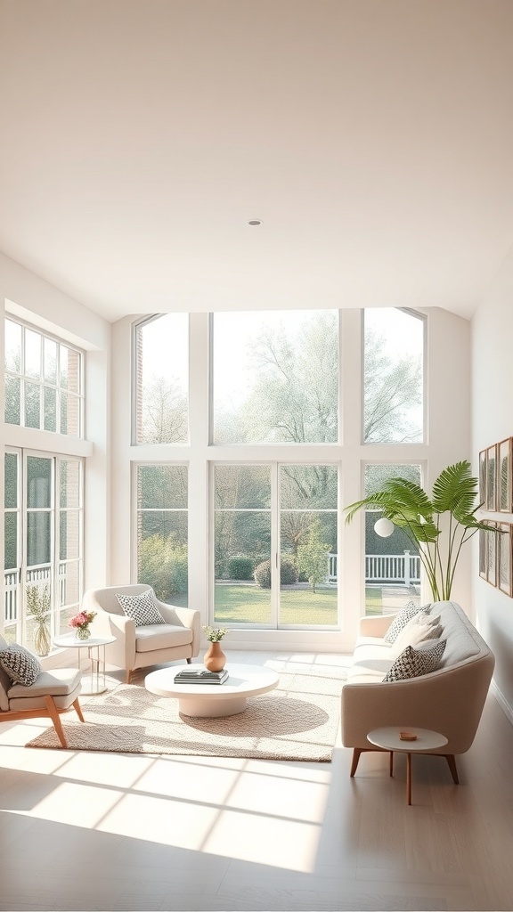 A bright and airy farmhouse-style living room with neutral colors and large windows.