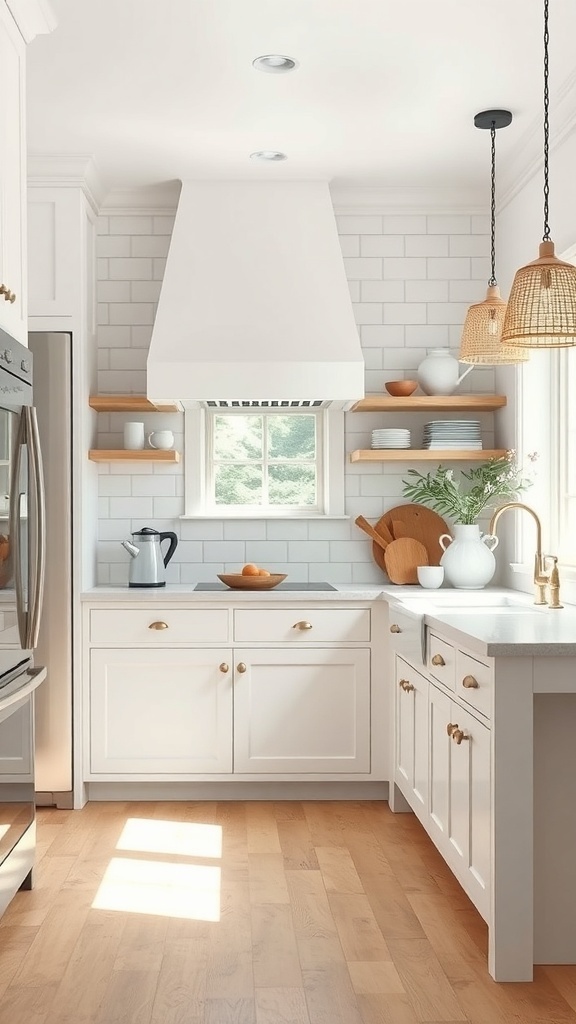 A bright farmhouse kitchen featuring a neutral color palette with white cabinets and wooden accents.