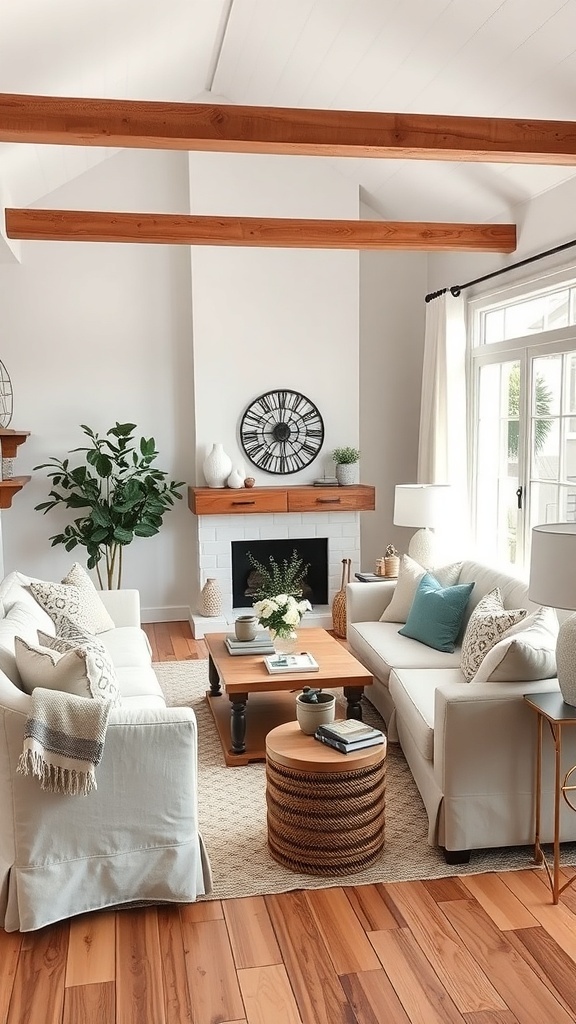 Contemporary farmhouse living room with neutral color palette, featuring light sofas, wooden accents, and a cozy atmosphere.