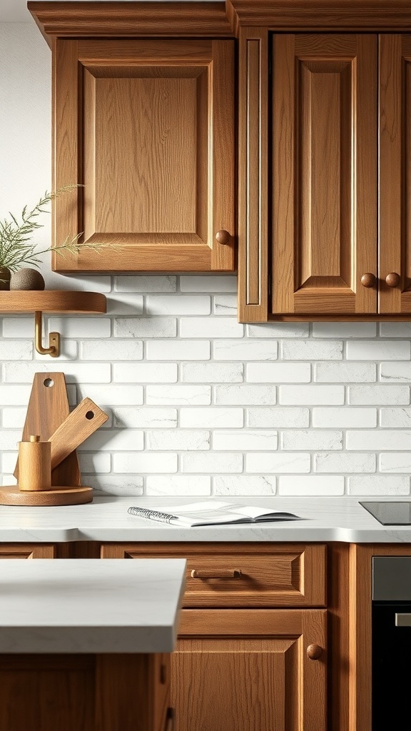 Rustic farmhouse kitchen with a neutral color palette featuring wooden cabinets and a white backsplash.