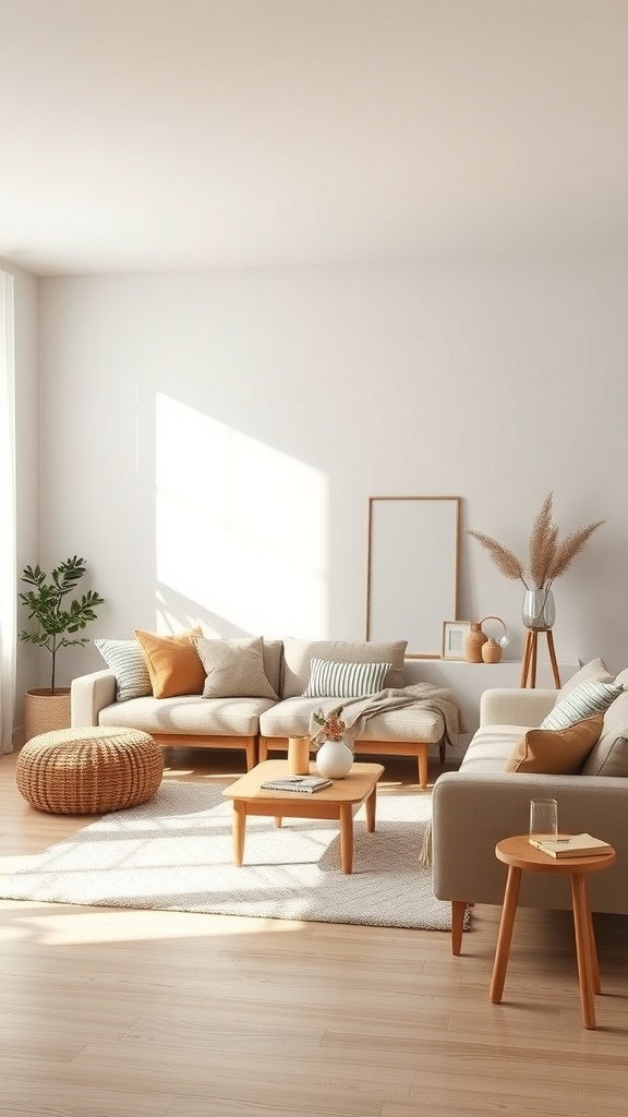 A cozy country farmhouse living room featuring a neutral color palette with soft beiges and warm accents.