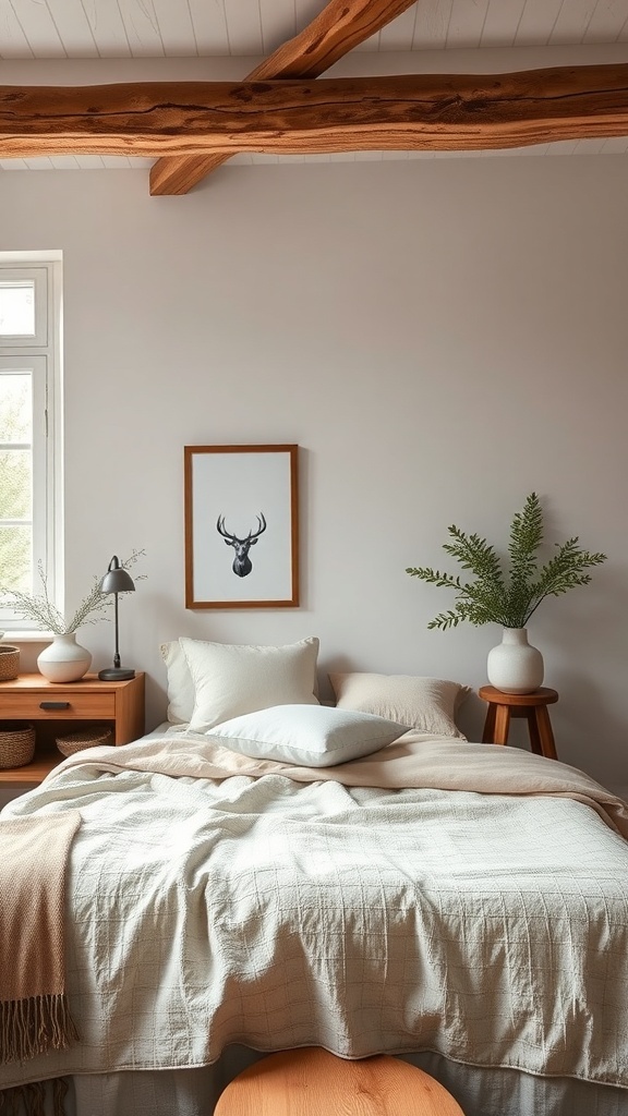 A rustic modern bedroom featuring a neutral color palette with soft bedding and wooden accents.