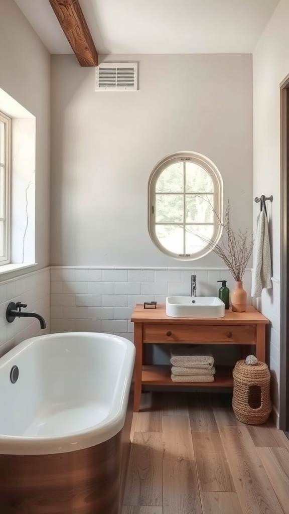 A rustic modern bathroom featuring a neutral color palette with a wooden bathtub, light walls, and natural decor.