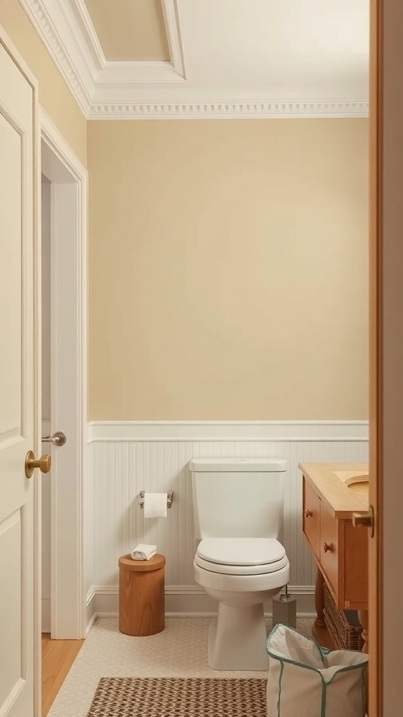 A modern farmhouse bathroom with neutral colors, featuring beige walls and white fixtures.