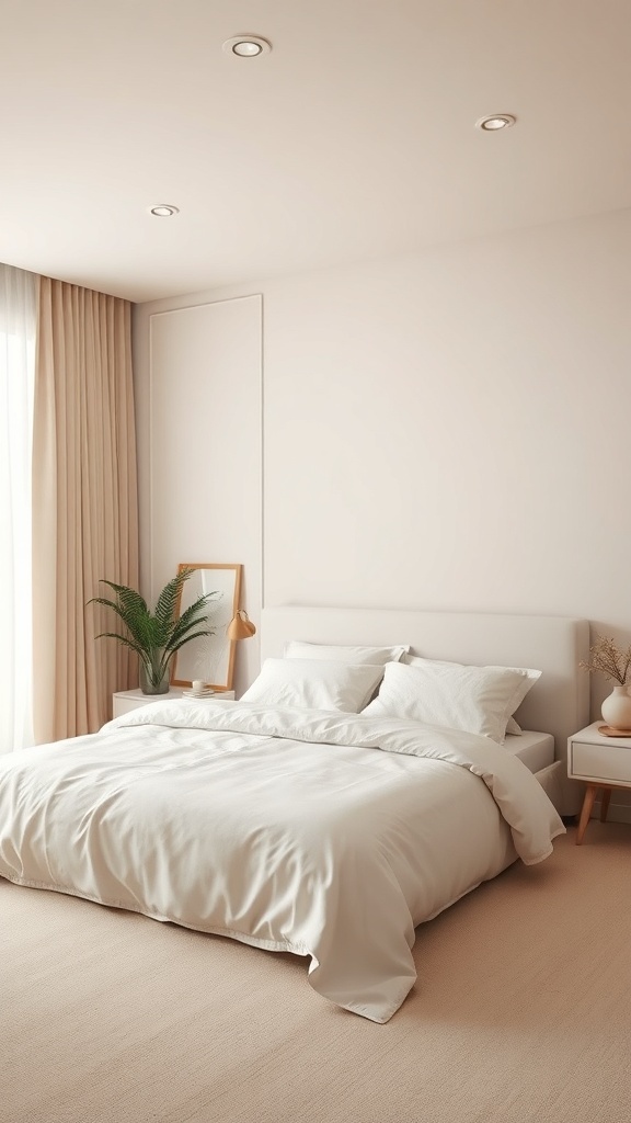Minimalist bedroom with neutral color palette featuring white bedding and soft curtains.