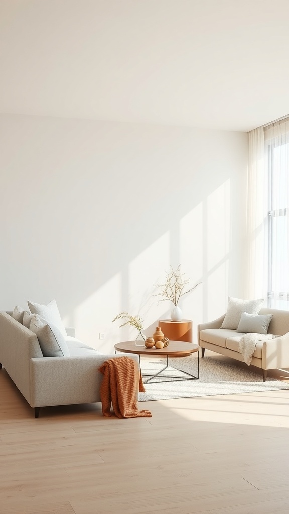A minimalist living room with neutral colors, featuring a light sofa, a beige armchair, and a round coffee table.