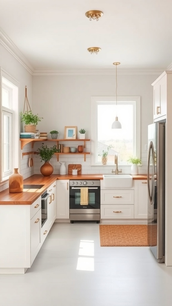 Modern farmhouse kitchen with neutral colors and bold accents.