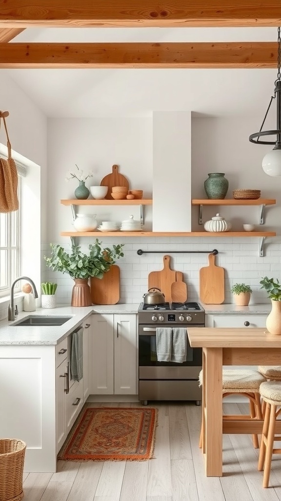 A cozy English farmhouse kitchen featuring a neutral color palette with earthy accents.