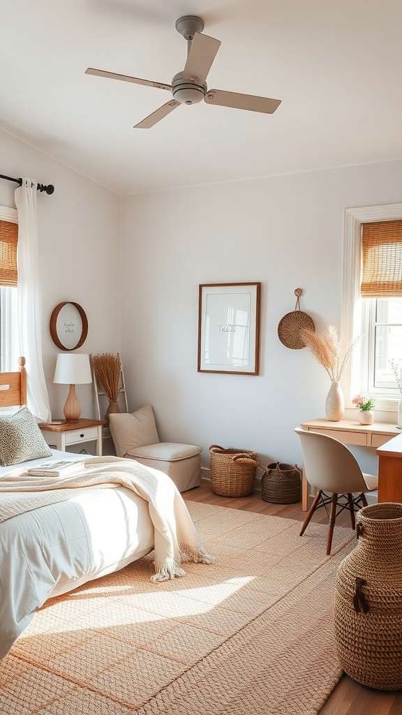 A cozy rustic farmhouse bedroom featuring a neutral color palette with earthy accents.