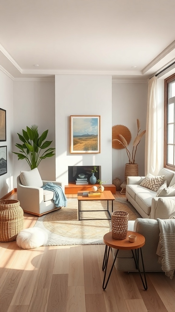 A cozy western farmhouse living room featuring a neutral color palette with earthy tones.