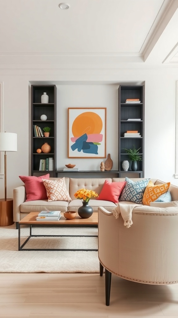 A cozy living room featuring a neutral color palette with colorful throw pillows and artwork.
