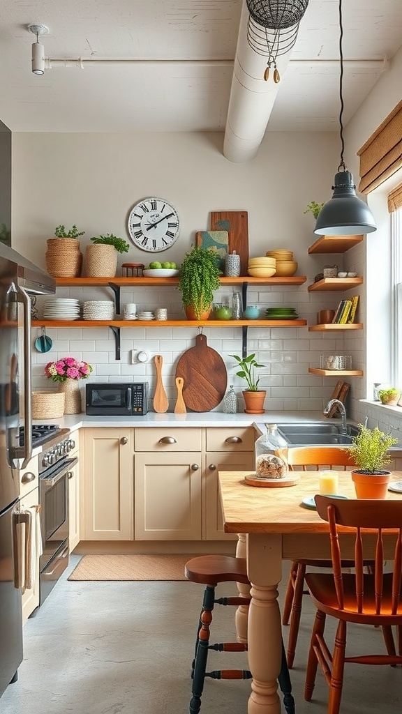 A cozy industrial farmhouse kitchen featuring neutral tones with colorful accents.