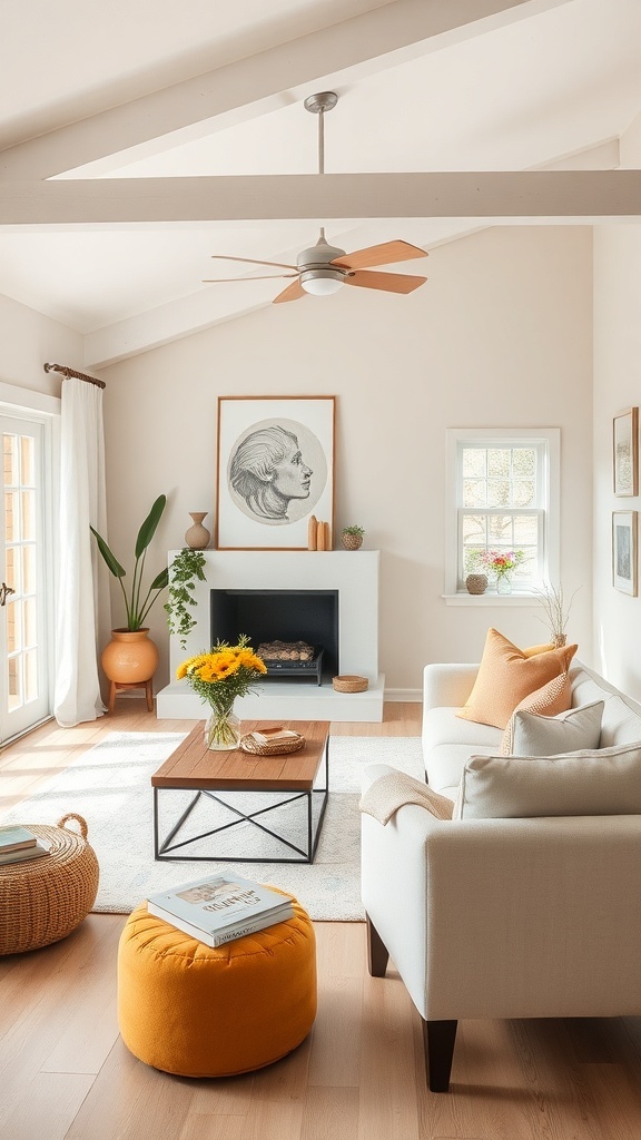Modern cottage living room featuring a neutral color palette with colorful accents.
