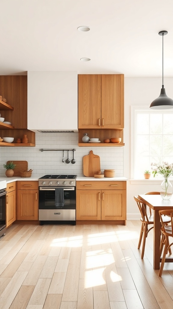 Contemporary farmhouse kitchen with neutral colors and warm wood accents.
