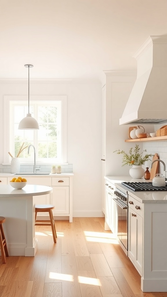 A modern farmhouse kitchen featuring a neutral color palette with white cabinets and wooden accents.