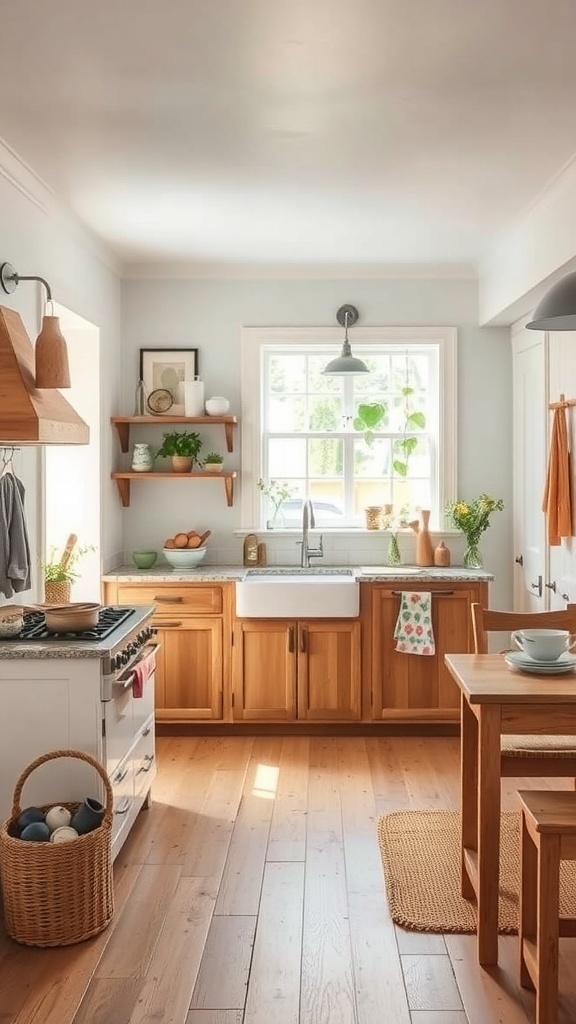 A bright and inviting farmhouse kitchen with neutral colors and wooden accents.